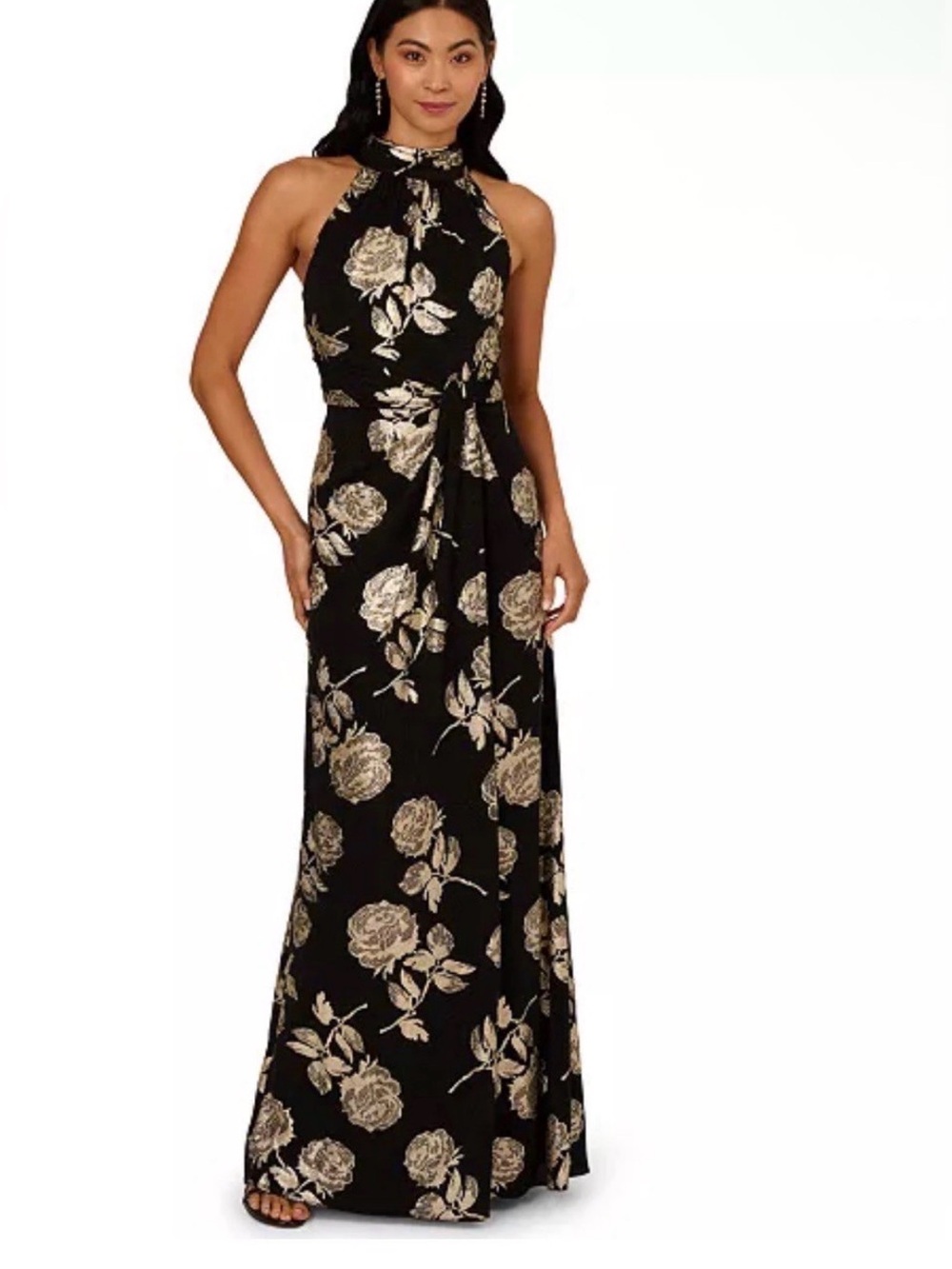 NWT Adrianna Papell Floral Gold Metallic Rose Pattern Halter Dress-Maxi-Size 16